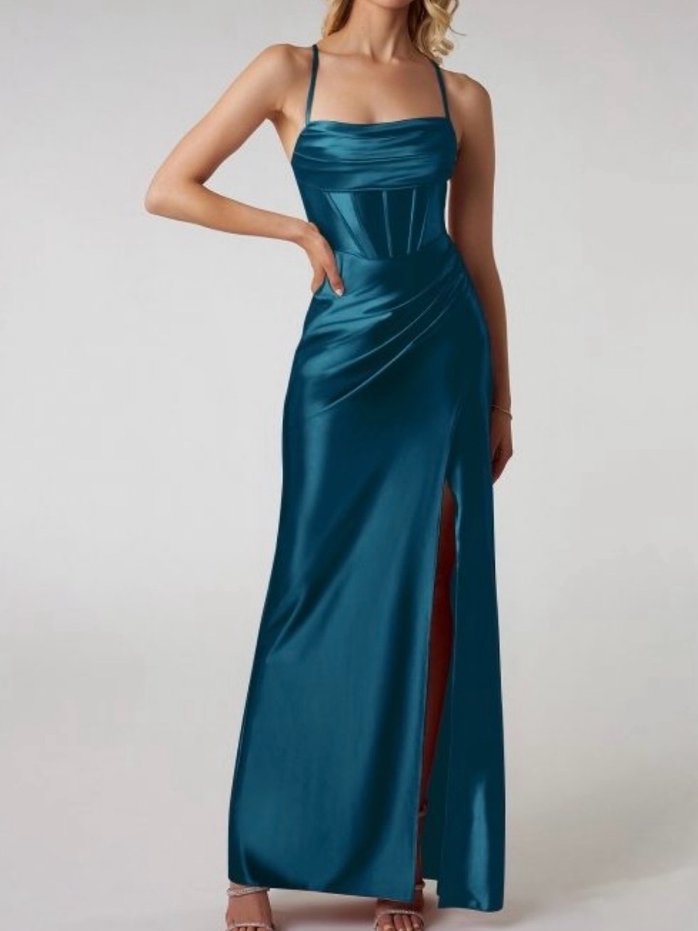Azazie Teal Satin Cowl-Neck Corset Spaghetti-Strap Maxi Dress